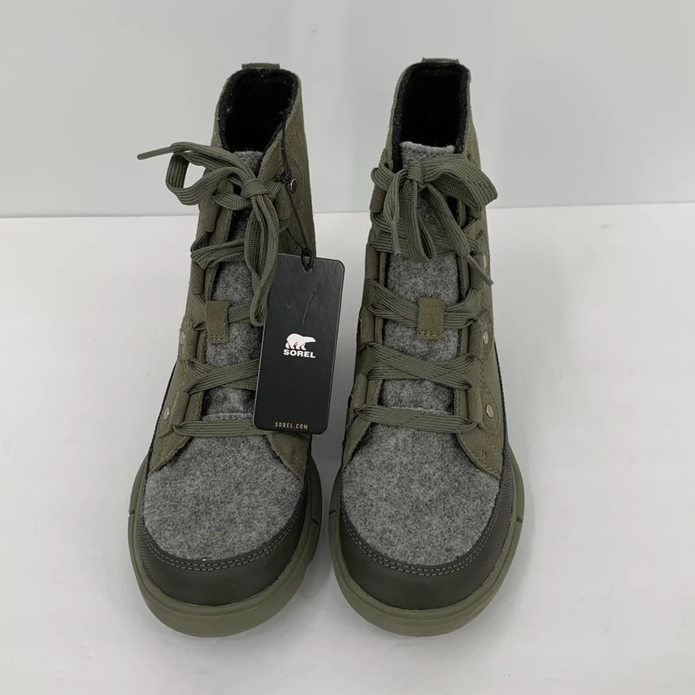 Sorel Explorer II Joan winter waterproof ankle boots olive green gray tie new 6